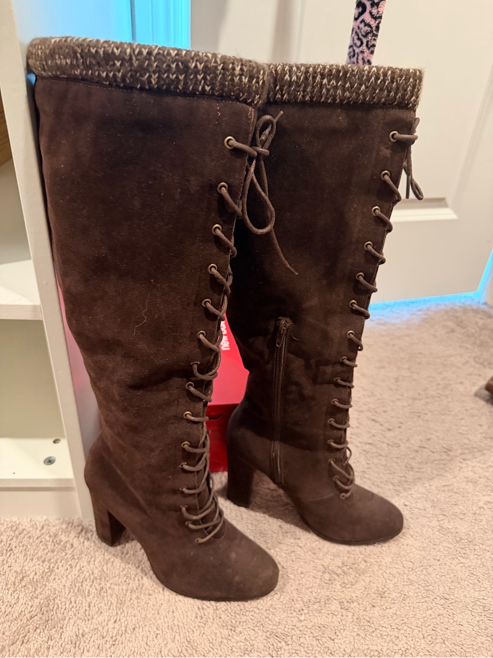 Shoe Dazzle Brown Lace-Up Over-the-Knee Suede Boots